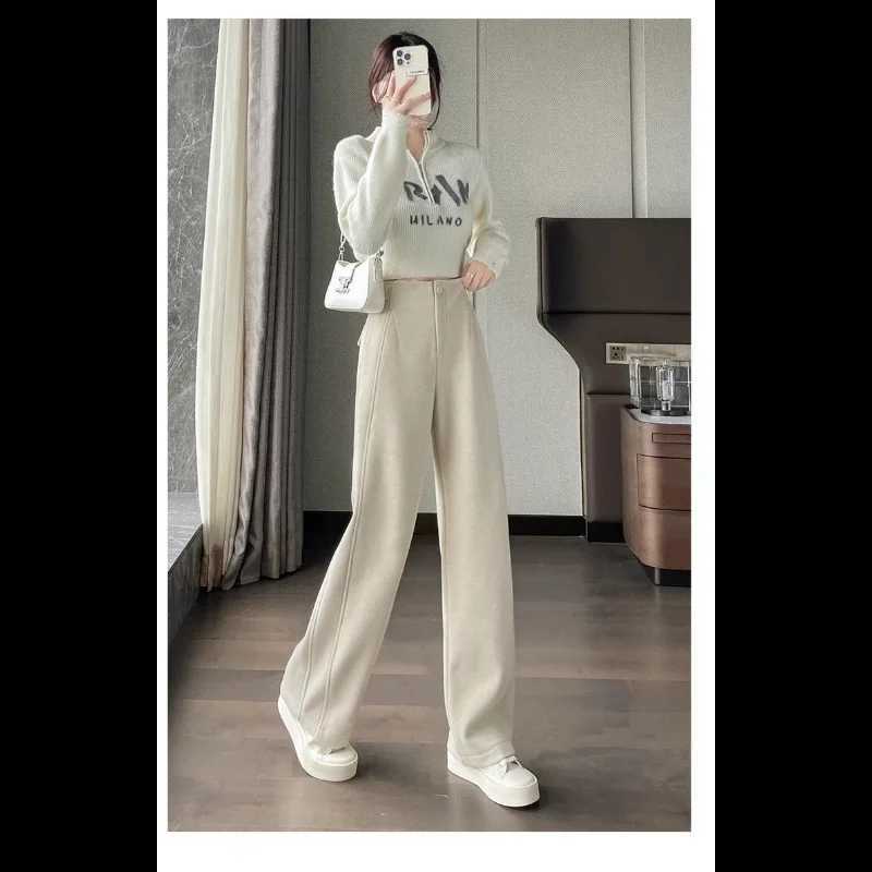 Onwhite Woolen Pants for Women in Autumn and Winter Thickened Highwaisted Slimming Straightleg Casual Wideleg PantsT251025