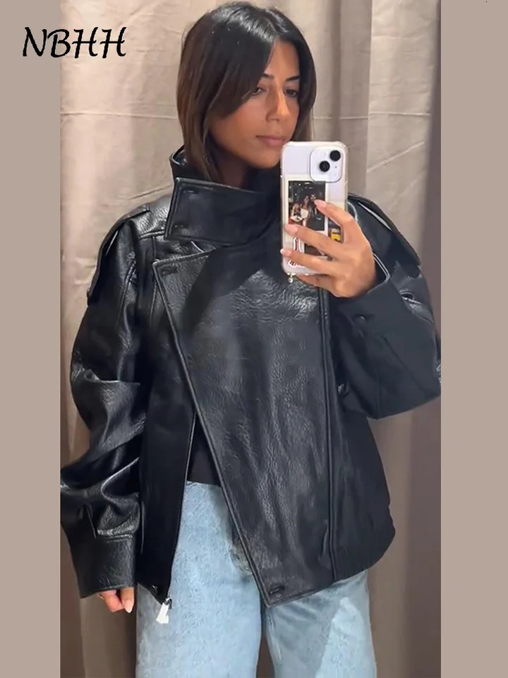 Street Stand Collar Womens Leather Jacket Loose Long Sleeve Zipper Pockets Chic Female Coats Autumn Winter Lady Outerwear 251020