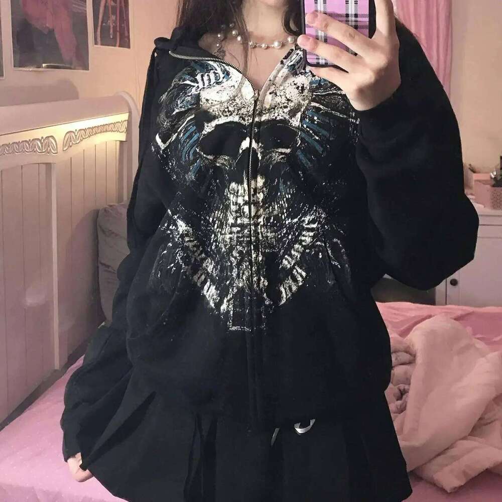 Combhasaki Women Y2k Vintage Grunge Gothic Loose Coat Long Sleeve Skull Print Sweatshirt Outwear Pocket Jacket With Zipper