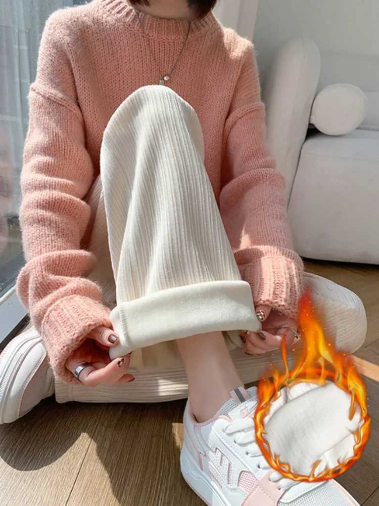 Thick Warm Velvet Trousers Women Pants Autumn Winter High Waist Wide Leg Pants Fleece Inside Female Long Pants Trousers CasualT251025