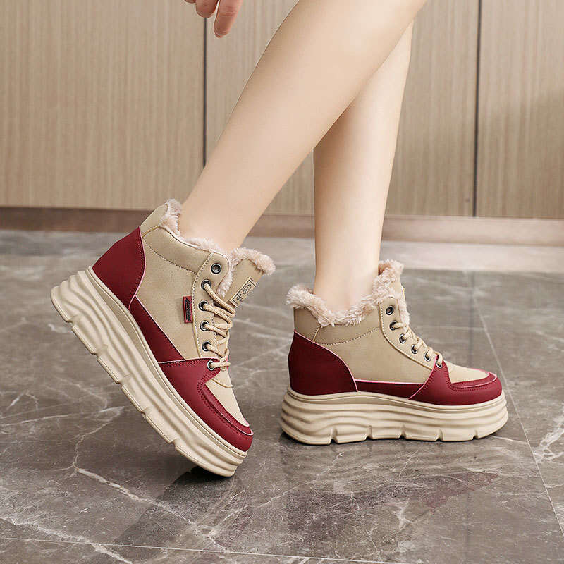 New Autumn Winter Casual Height Increasing Sneakers High Top Fleece Lined Warm Thick Sole Student Women's Shoes