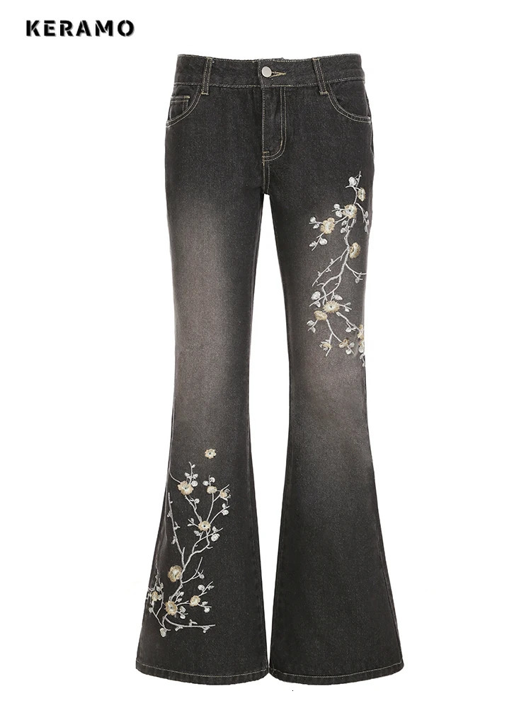 Weekeep Floral Embroidery Jeans Vintage 2000s Low Rise Flared Jeans Women Retro y2k Baggy Denim Pants High Street Basic Trousers 251023