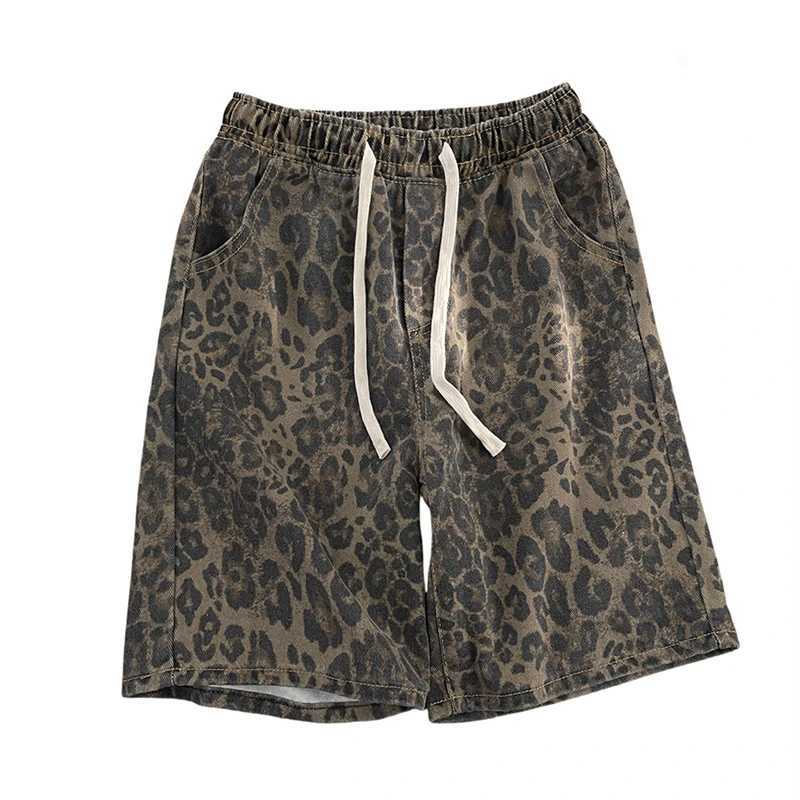 Men Leopard Denim Shorts Summer Thin American High Street Drawstring Casual Pants Loose Popular Versatile Handsome TrousersXJ251025