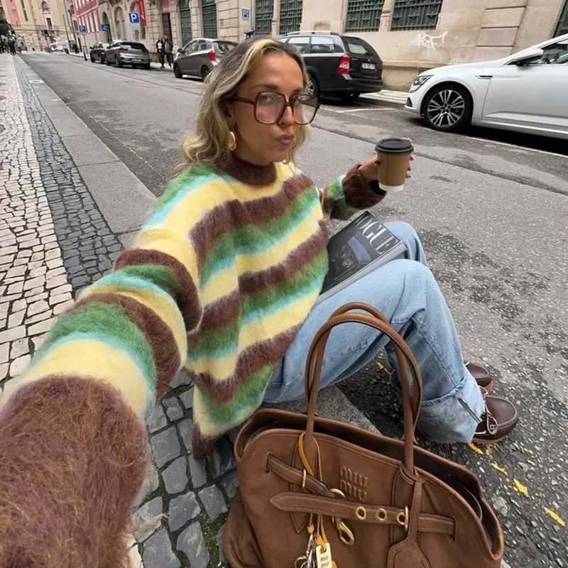 Striped Winter Clothes Woman Pulls Femmes Allmatch Loose Simple Style Sweater Comfortable Knitted Contrast Color Loose CasualT251025
