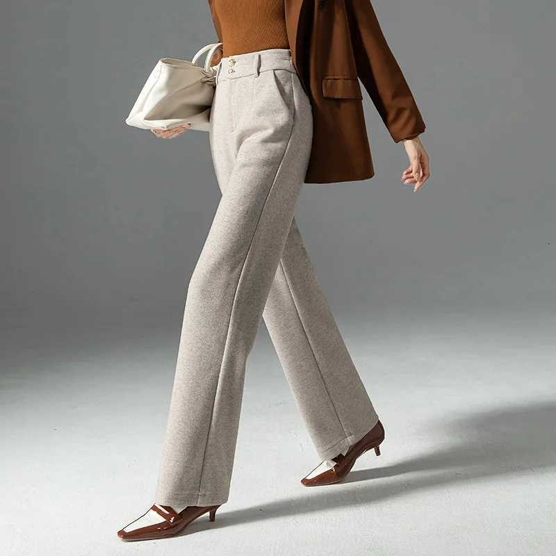Womens Straight Leg Woolen Pants Thicken Warm Winter Autumn Office Lady Cotton Wool Long Trousers Plus SizeT251025