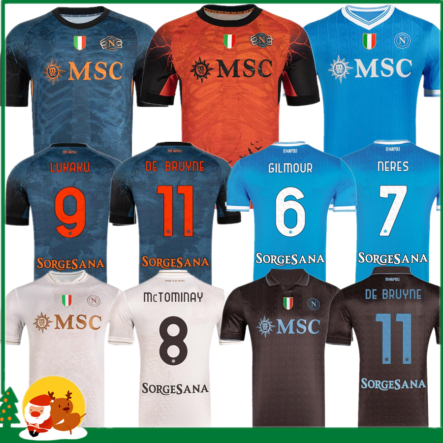25 26 Napoli Soccer Jerseys LUKAKU DE BRUYNE 2025 2026 Naples Politano M. OLIVERA MAGLIA LUCCA LANG Maradona RRAHMANI McTOMINAY Men Kids kit sports Football Shirts