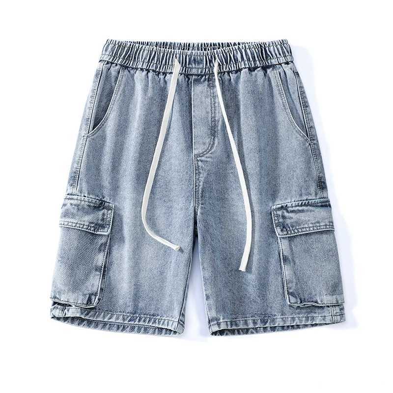 Summer Cargo Jeans Men Pockets Denim Shorts Elastic Waist Loose Straight High Street Wide Kneelength Short PantsXJ251025