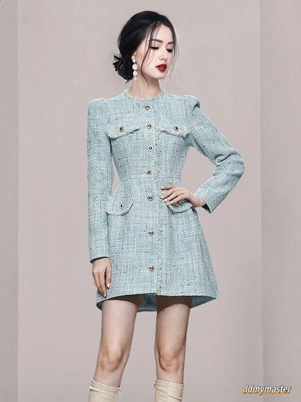 Womens Autumn And Winter Pullover Round Neck Panel Button Solid Color Slimming Mid Length Flower Tweed Long Sleeved Dress 240824 Ddmymaster