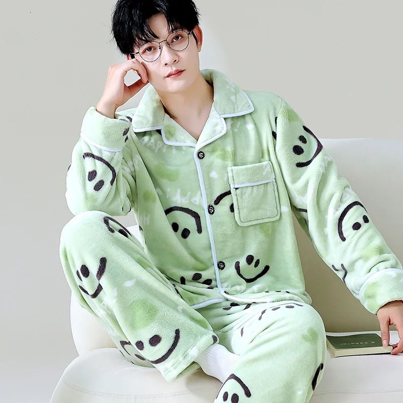 Cartoon Winter Pajamas Mens Open Cardigan Thiened Flannel Home Clothes Warm Spwear Long Sve Long Pants for Youth 251021