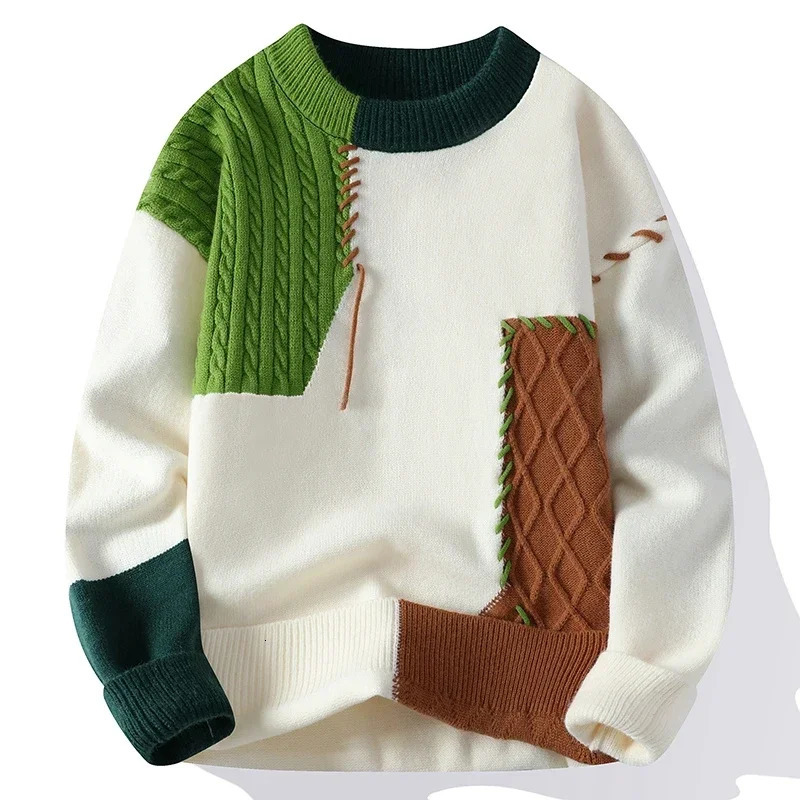 2025 Male Patchwork Sweater Trend High Street Fashion Autumn and Winter Warm Mens Hiphop Clothing Men pullover shirt 251015