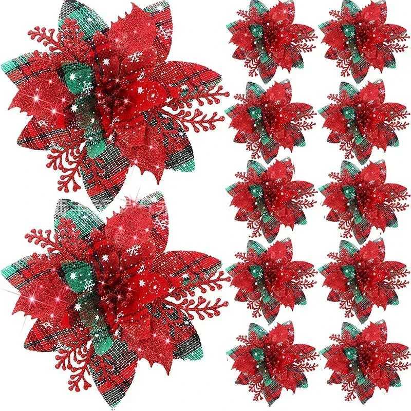 5pcs 145cm Glitter Artifical Christmas Flowers Mreey Christmas Tree Decoration Happy New Year Ornaments Xmas Fake Flowers natal C251024