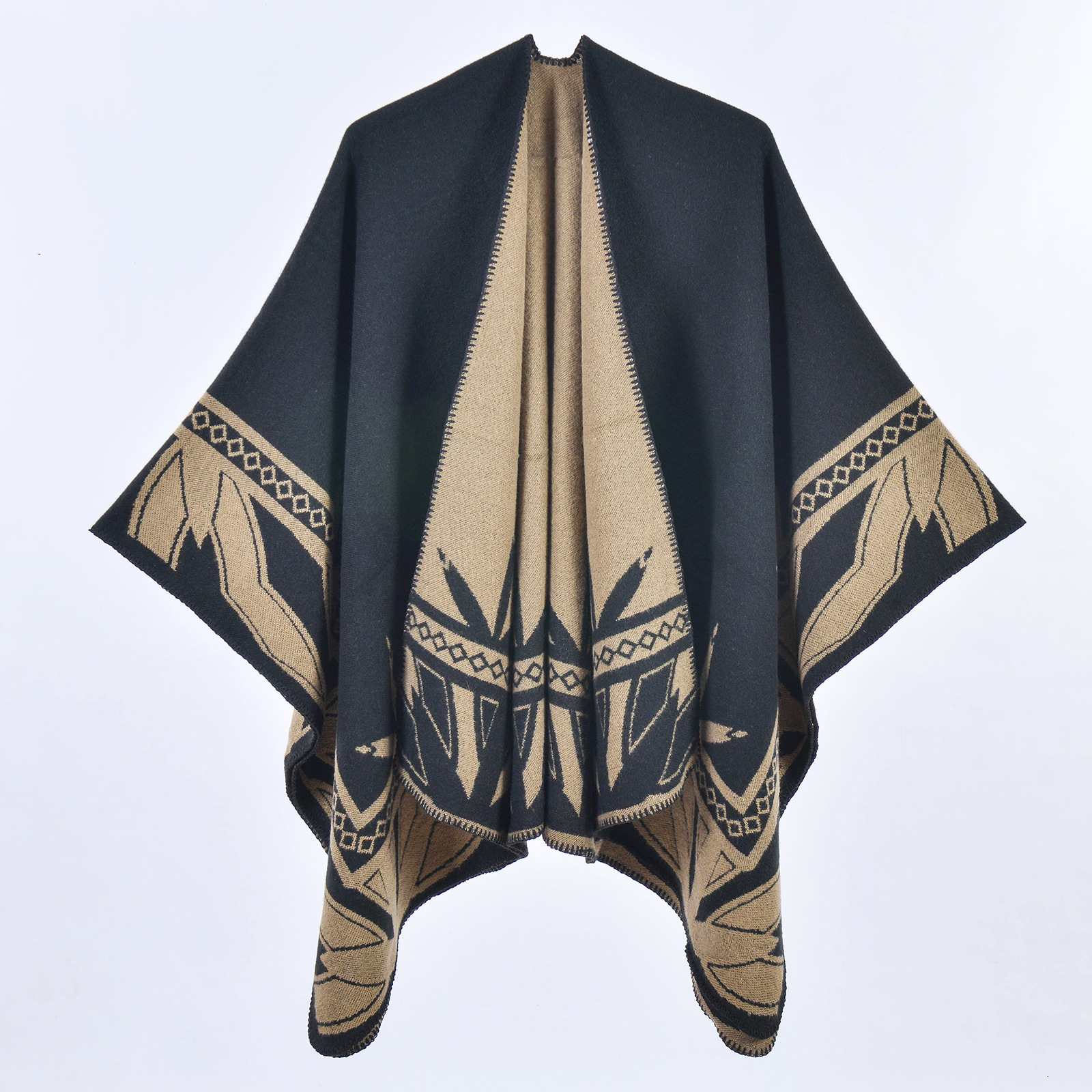 Autumn Winter New Thickened Imitation Cashmere Split Cape Shawl Travel Outerwear Cloak