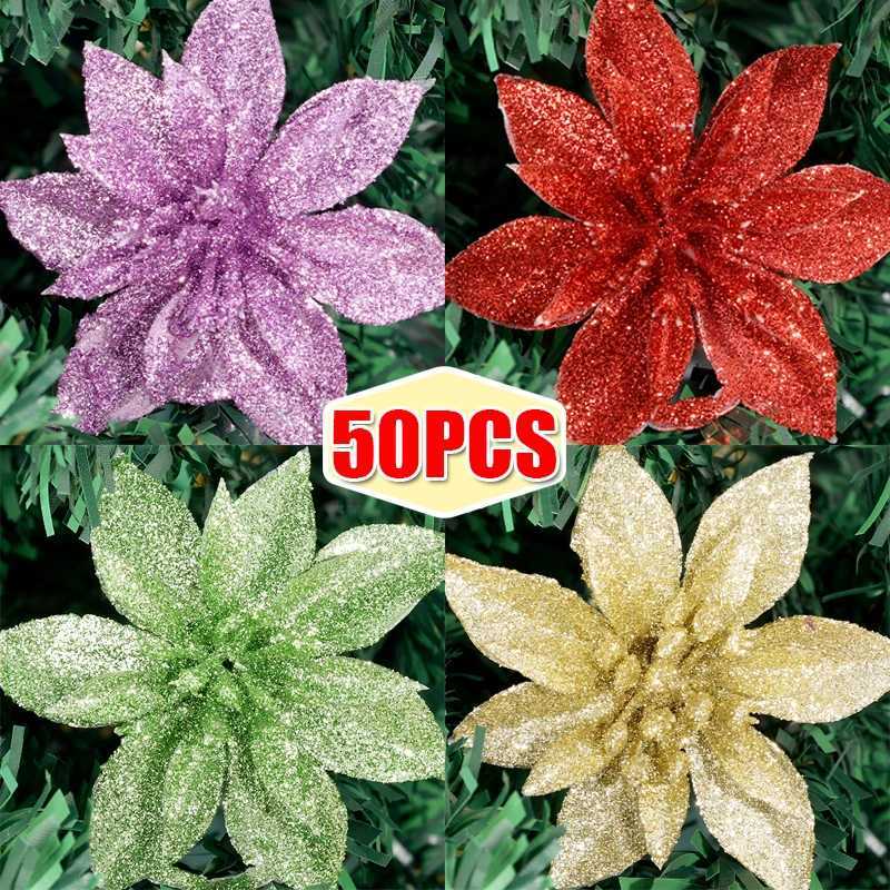 505PCS Christmas Artificial Flowers Xmas Tree Wreath Ornaments Glitter Fake Flower Wedding New Year Party Decoration Gifts C251024