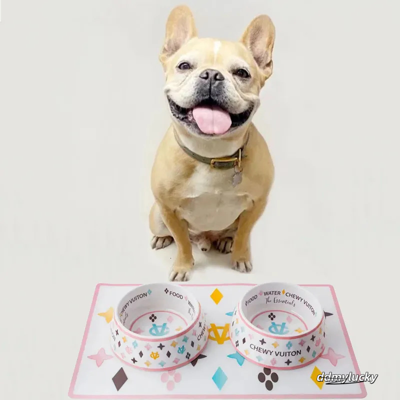 Pet Food Water Bowl Set With Mat - Anti-Slip Melamine Feeding Dish For Cats And Dogs, Wide Base Ddmylucky