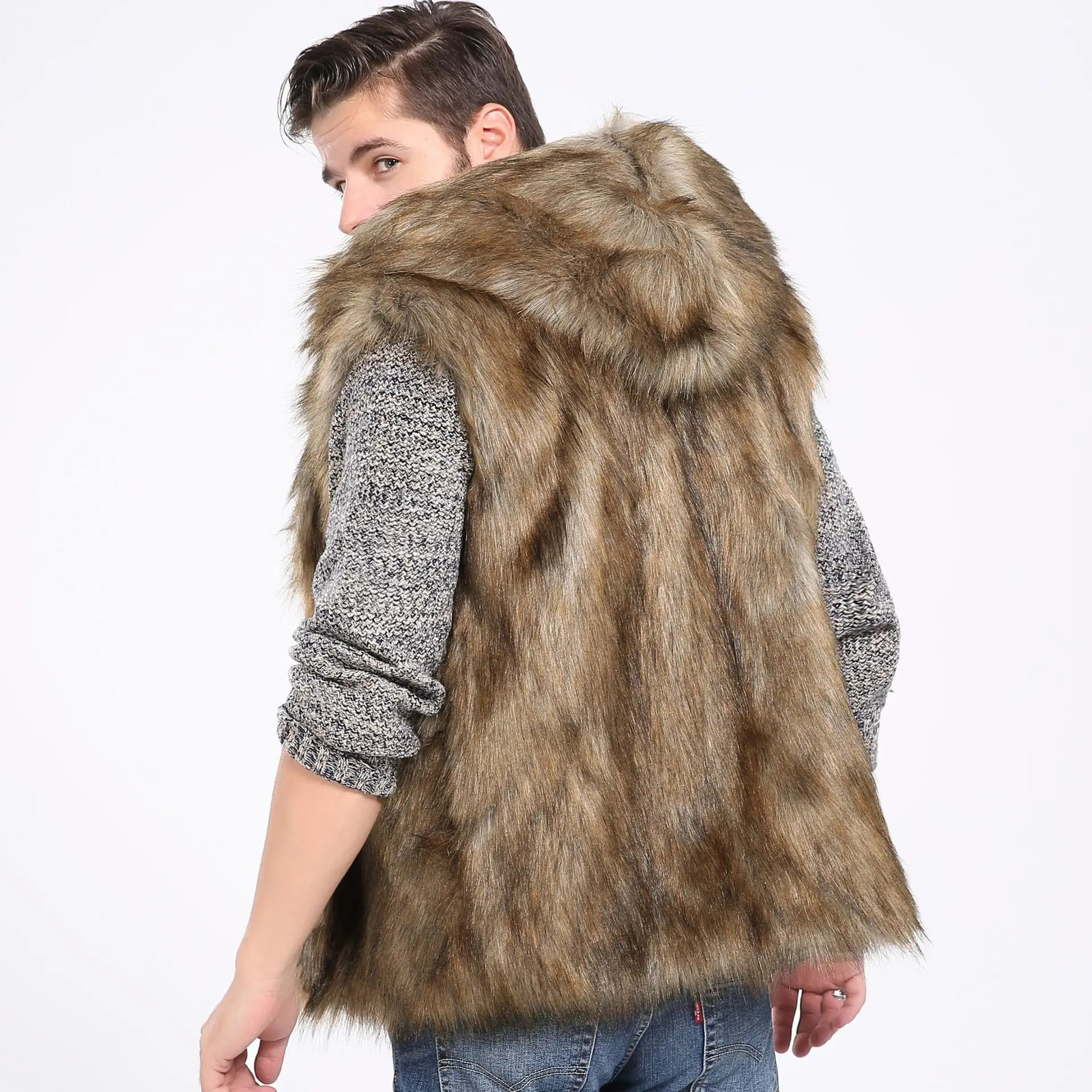 Faux Fur Men Vest Coats Hooded Sleeveless Short Coat Thick Y2k Streetwear Jackets Open Stitch Outerwear 2025 Autumn Winter 251020