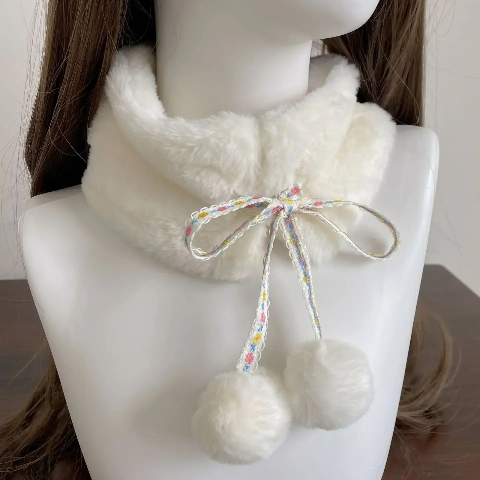 Kawaii Japanese Hairball Hair Collar Scarf Winter Thickened Warm Cute Fur Rabbit Plush Tie Rope Neckerchief Y2k Scarf 251020