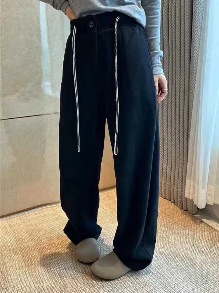 Velvet Wideleg Pants Women Highwaisted Drawstring Loose Casual Thicken Warm Sweatpants Solid Yellow Winter Womens TrousersT251025