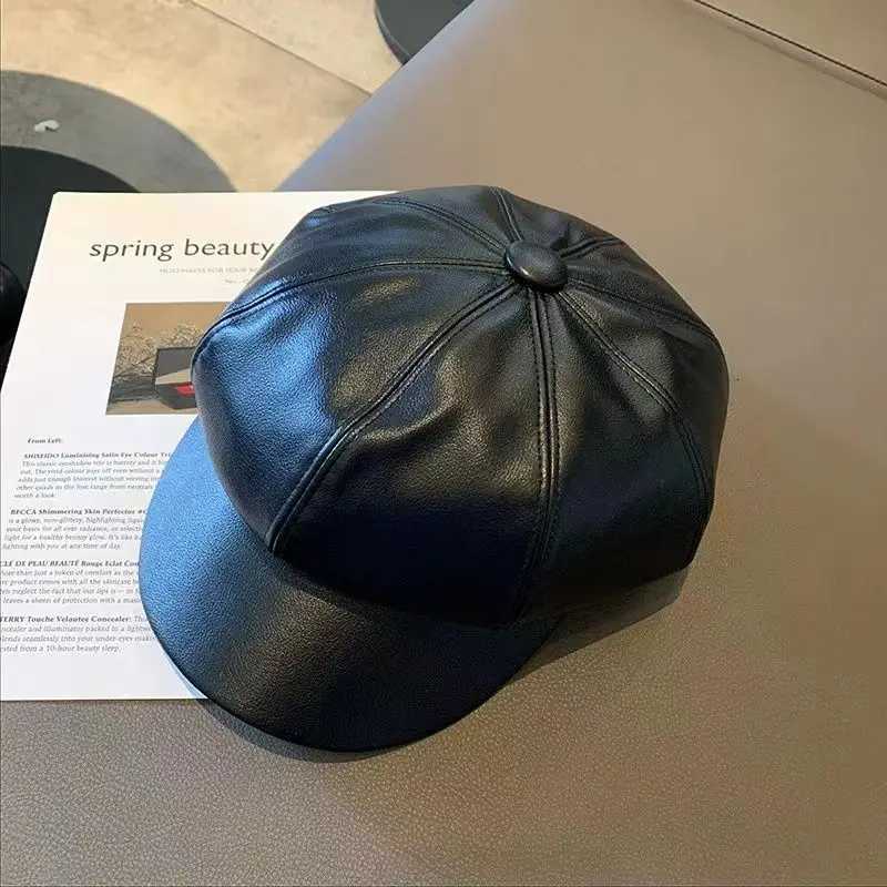 Korean version of the face small PU beret outdoor temperament fashion retro octagonal hat online celebrity trend c beret Y251025