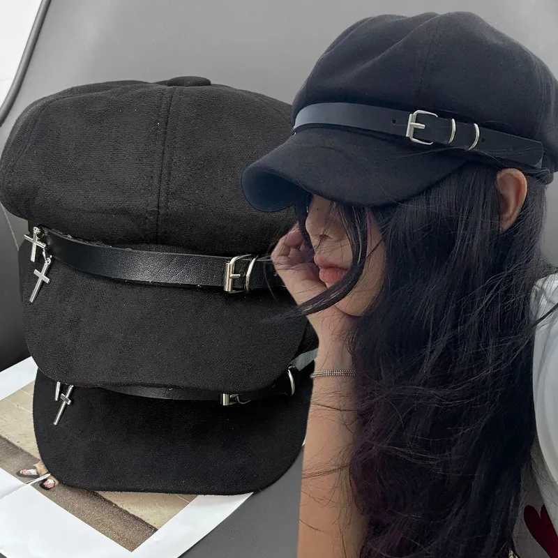 Y2K Gothic Cross Beret Hat Wen Unisex Harajuku Style Cotton Black Metal Decor Punk Rock C Autumn Winter Warm Hats Fashion Y251025