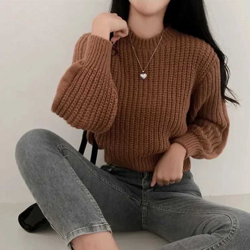 Autumn and Winter Womens Clothing Elegant Short Lantern Sleeve Sweater New Round Neck Pullover Solid Color Slimfit KnitwearT251025