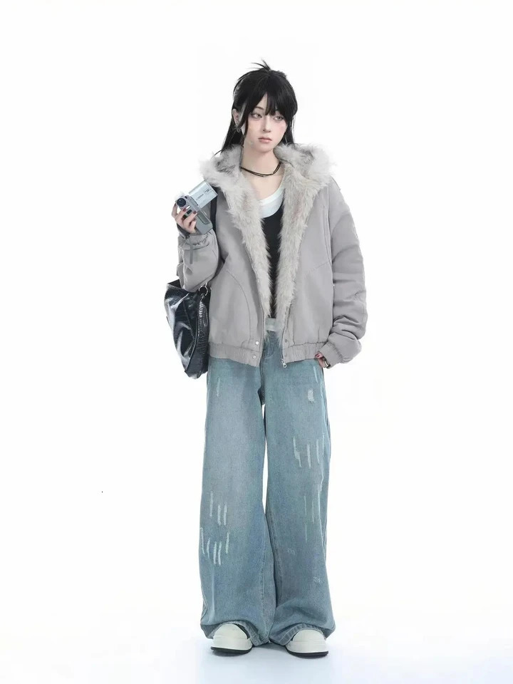 Y2K Fashion Niche Fur Collar Cotton Hooded Jacket Women Retro Streetwear Loose Plus Velvet Warm Harajuku Casual Plush Jacket 251020