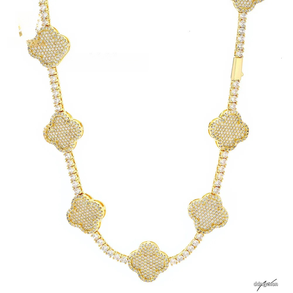 Hip Hop Fine Jewelry Four-Leaf Clover Tennis Necklace Women Gold Plated 3A Zircon Iced Out Bling Dia Chain Ddmymon