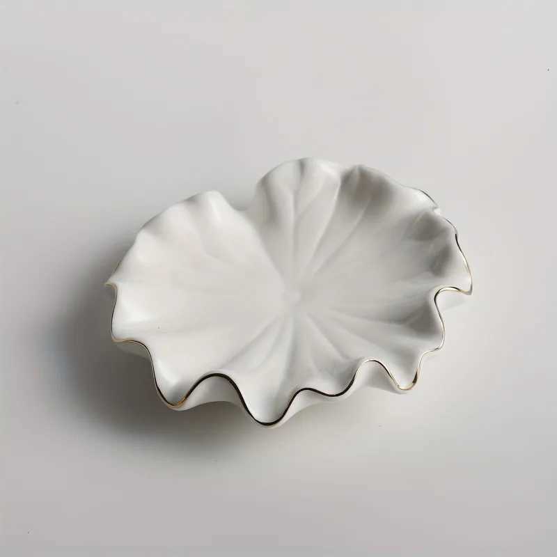 1pc Elegant White Ceramic Soap Dish with Golden RimShellInspired Design Round for Lotus Leaf Shape Holder Y251025