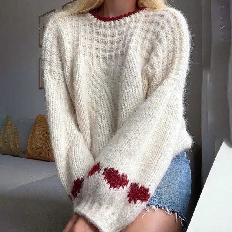 Womens Lazy Warm Knitted Sweater 2025 Autumn Winter New Fashion Solid Color Love Pattern Loose Longsleeved Pullover SweaterT251025