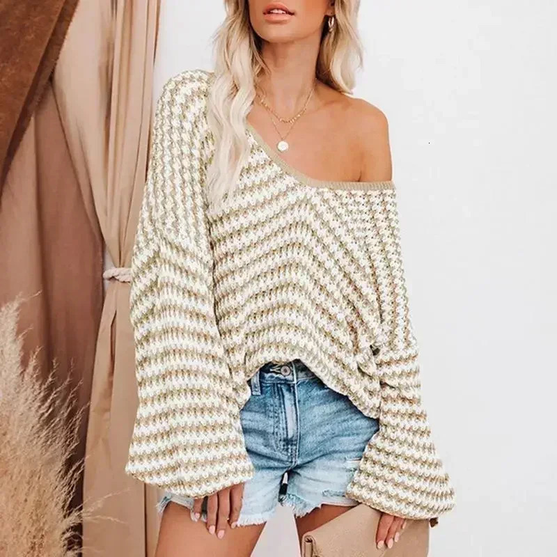 Women Pullover Sweater Casual Knitted Korean Fashion Loose V Neck Jumpers Female Striped Print Winter Tops Autumn 2025 Knitwear 251023