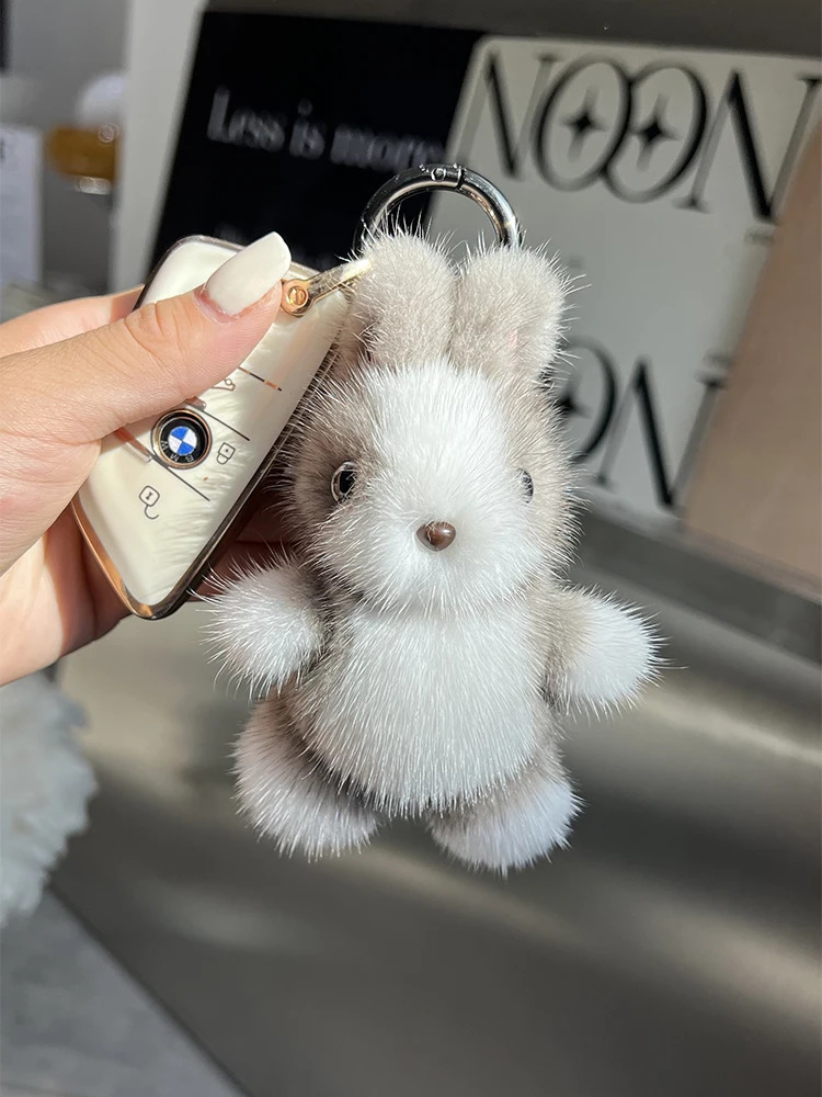 Cute Rabbit Real Mink Fur Key Chains Plush Bunny Toy Girls Schoolbag Charm Ornaments Women Car Keyrings Rearview Mirrors Pendant 251023