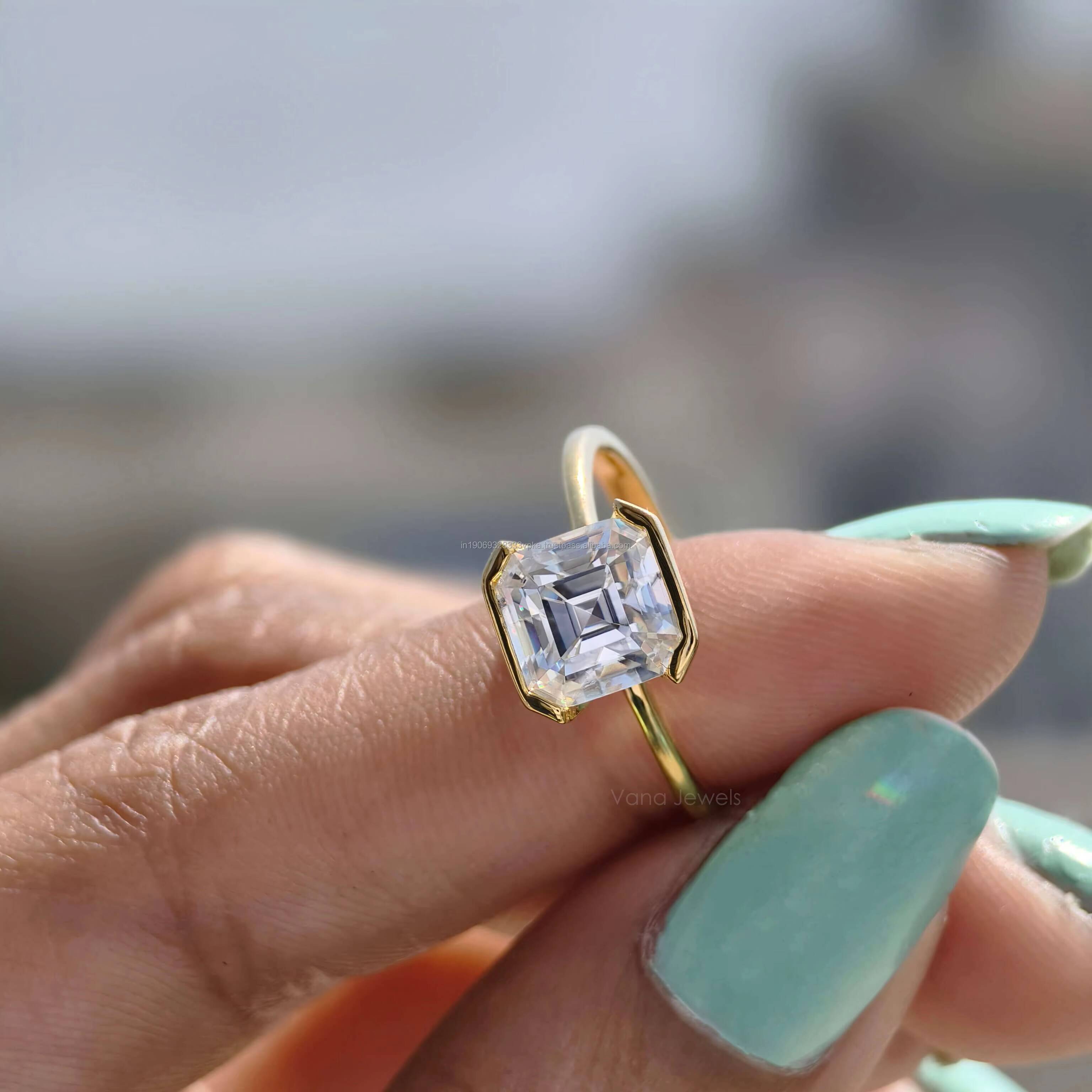 Asscher Cut Moissanite Solitaire Engagement Ring in 14K Solid Yellow Gold with Half Bezel Setting wedding or anniversary gift