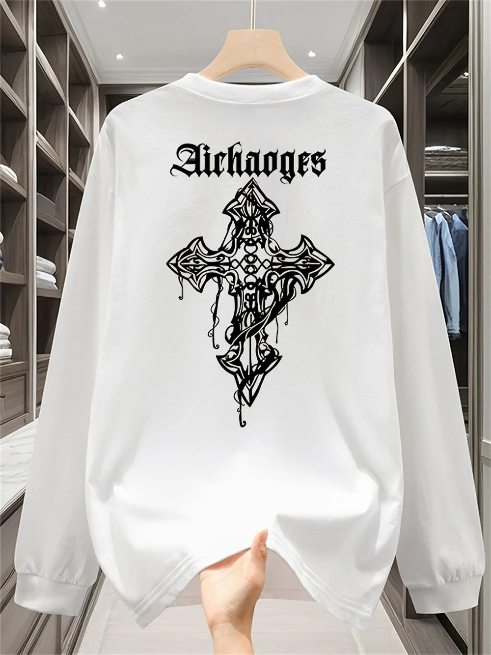 Autumn American Mens Gothic Cross Letter Printed Comfortable Long Sleeve Tshirt Outdoor Urban High Street Top 251020