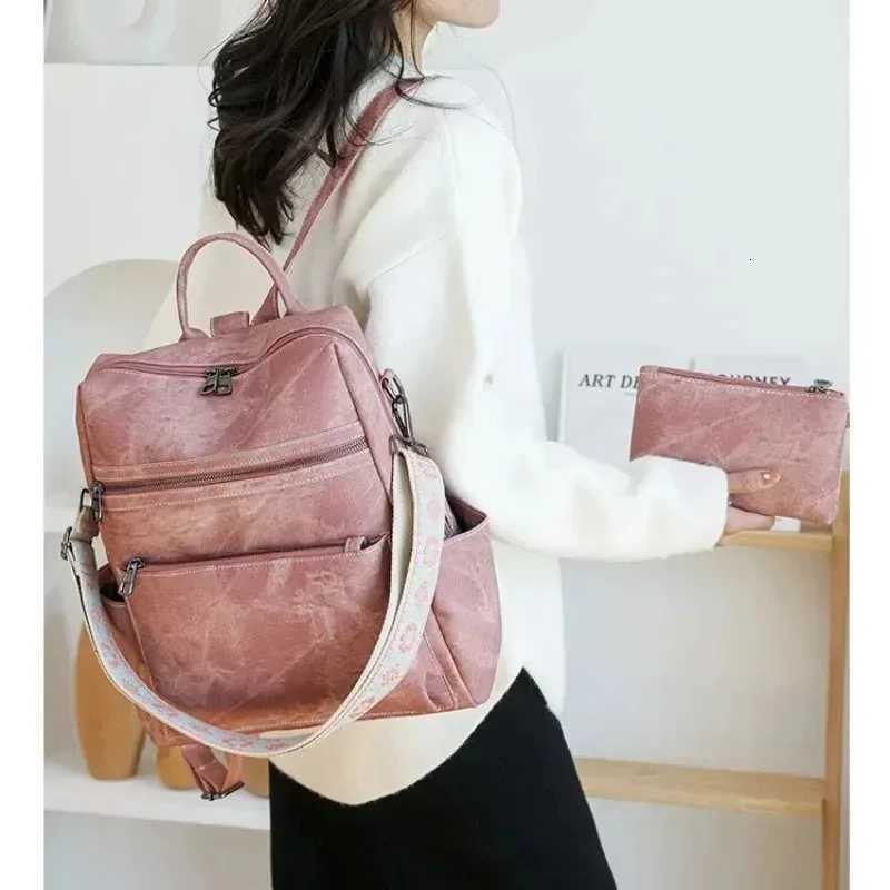 2025 New Womens Leather Waterproof Antitheft Fashion Large Capacity Retro Business Travel College Laptop Backpack Shoulder Bag W251025