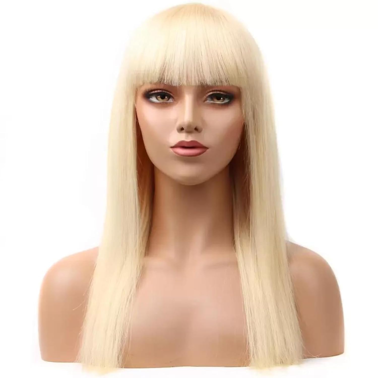 613 Blonde Bangs Long Straight Wig Human Hair Machine Made Glueless Wear Go Silky Soft Everyday Full Wig for Women