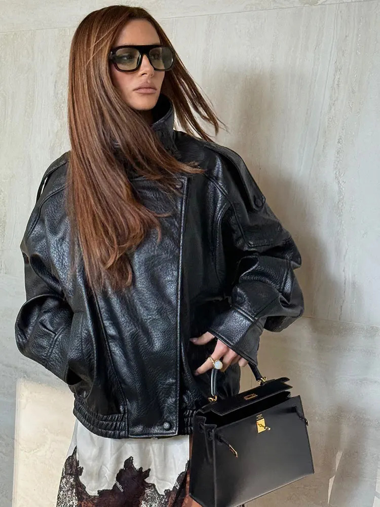 HH Autumn Faux Leather Jacket For Women Casual Solid Long Sleeve Zipper Pu Leather Coats Fashion Female Streetwear 251020