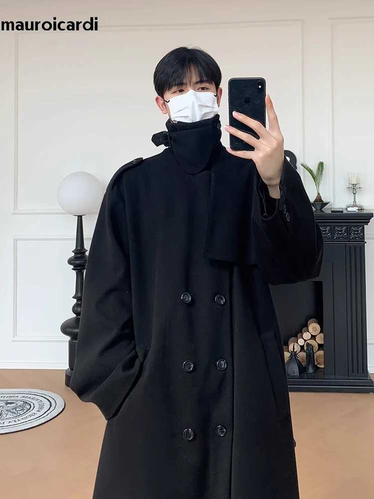 Mauroicardi Autumn Winter Long Oversized Windproof Black Warm Woolen Coat Men Sashes Double Breasted Wool Blends Overcoat 2023T251025