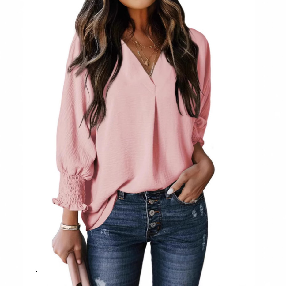 2025 Autumn Winter New Women's V-neck Casual Long Sleeve Loose Shirt Top Blouse T-shirt