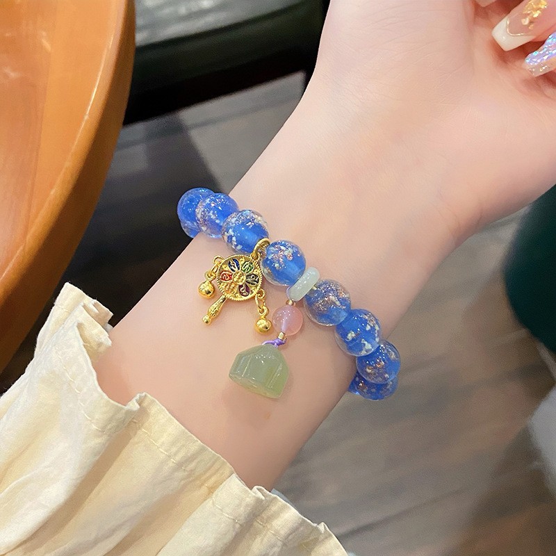 Golden Foil Jade Bead Lotus Hand Bracelet