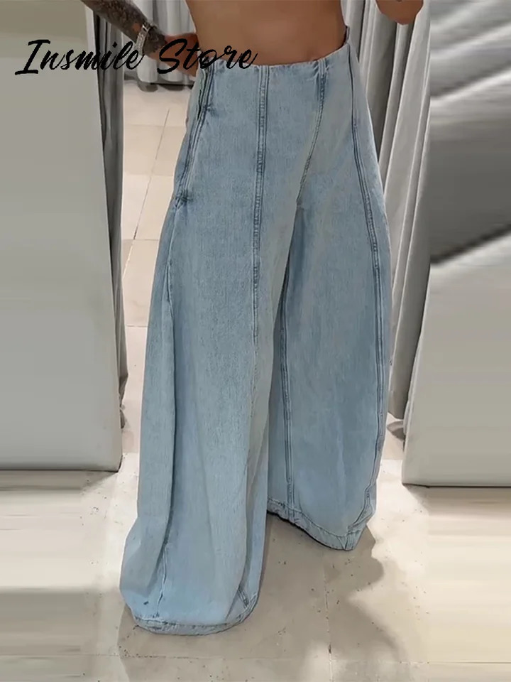 Chic Ripped Zipper Blue jeans Women Low Waist Pocket Female Wide Leg Denim Pants 2025 Autumn Loose Street Lady Trousers 251023