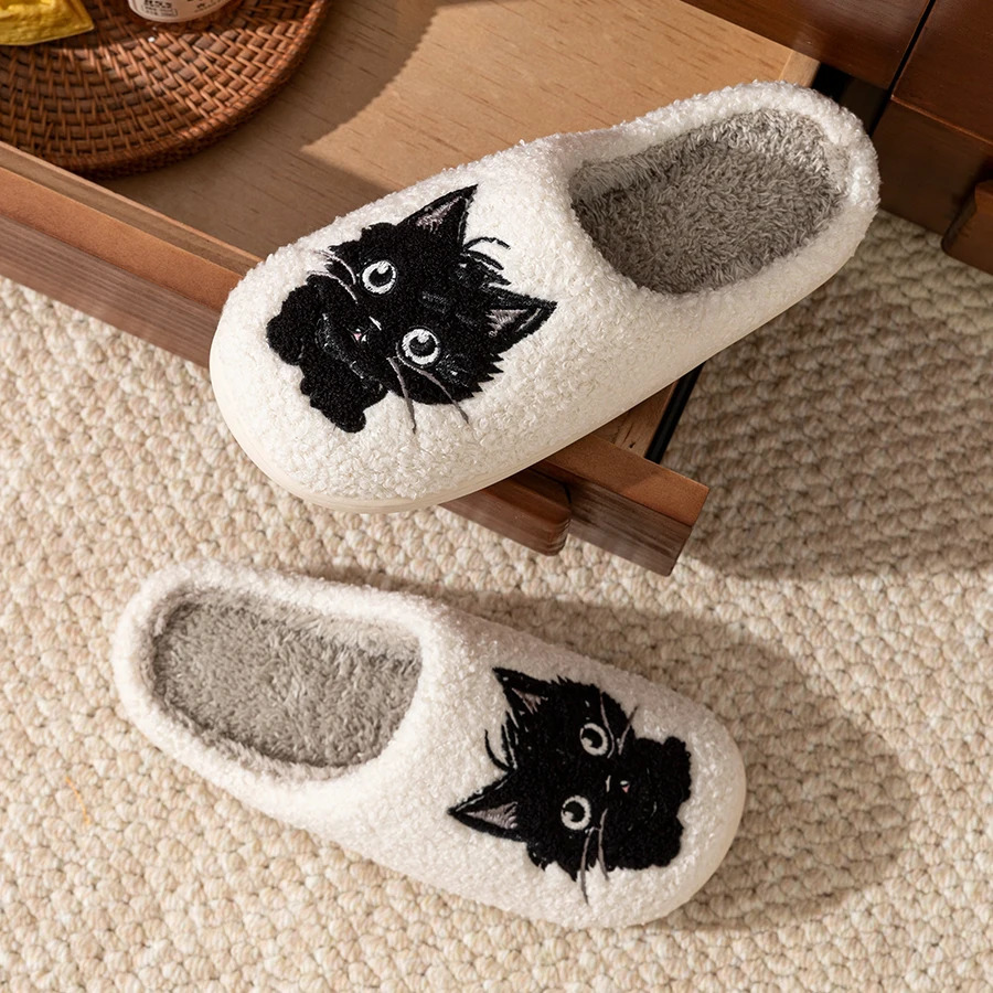 Winter Womens Slippers Indoor Cartoon Black Cat Cute Girls Slipper Bedroom Antislip Soft Sole Comfortable Cotton Homeshoes251020