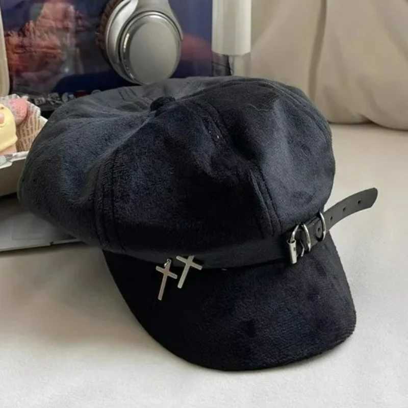 2025 Wen Harajuku Gothic Lolita Beret Hat C Y2K Girl Fashion Black Punk Cross Hats Handmake Decorative Beret Hats Wholes Y251025