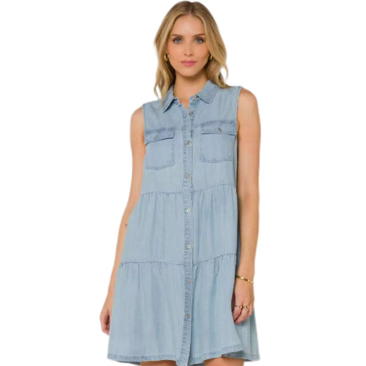 Design a women's sleeveless denim shirt dress - Colette Grayson dress, a must-have for casual and fashionable daily wear
