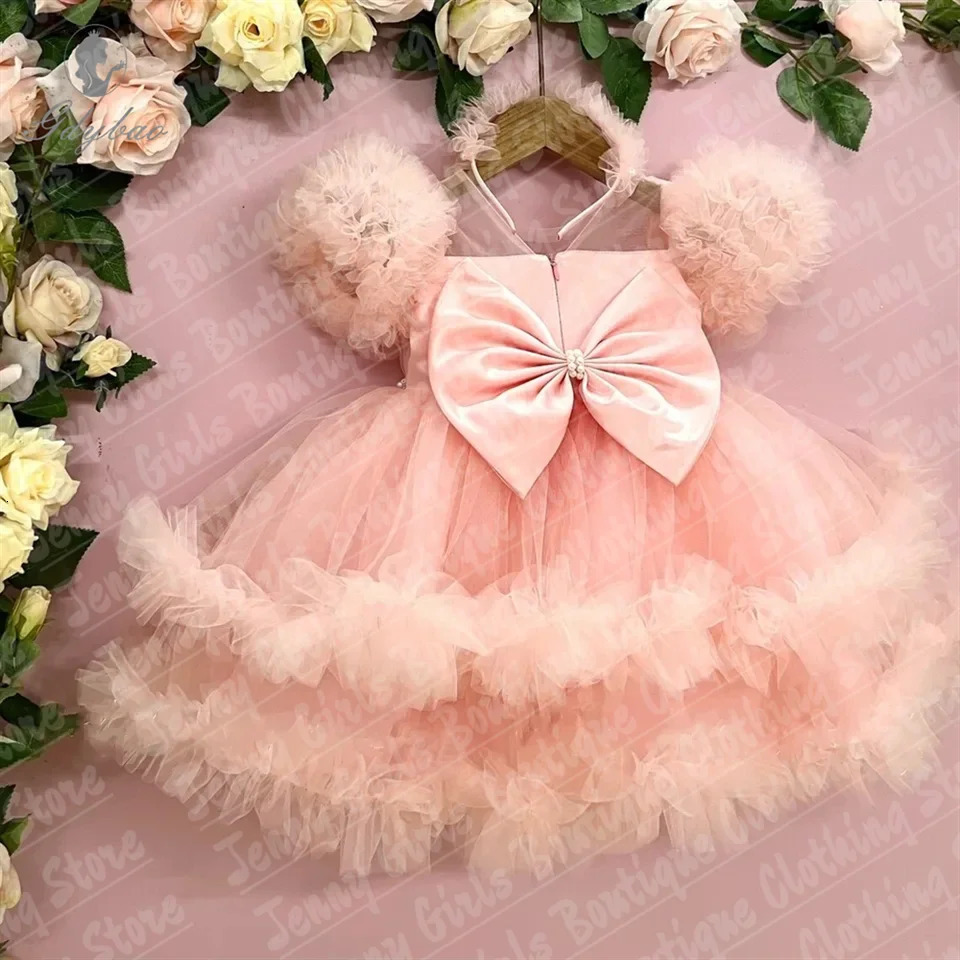 Beautiful Girl Glitter Pearls Light Yellow Weddings Dresses Tulle Bow Flower Girl Dresses Puffy Short Prom Pography 251023