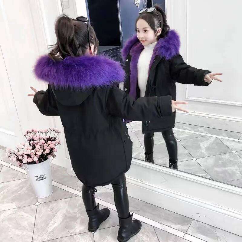 Teenager Girls Fur Collar Hooded Winter Coat 2025 New Kid Solid Color Waist Cinching Thicken Warm Parka Children Snowsuit