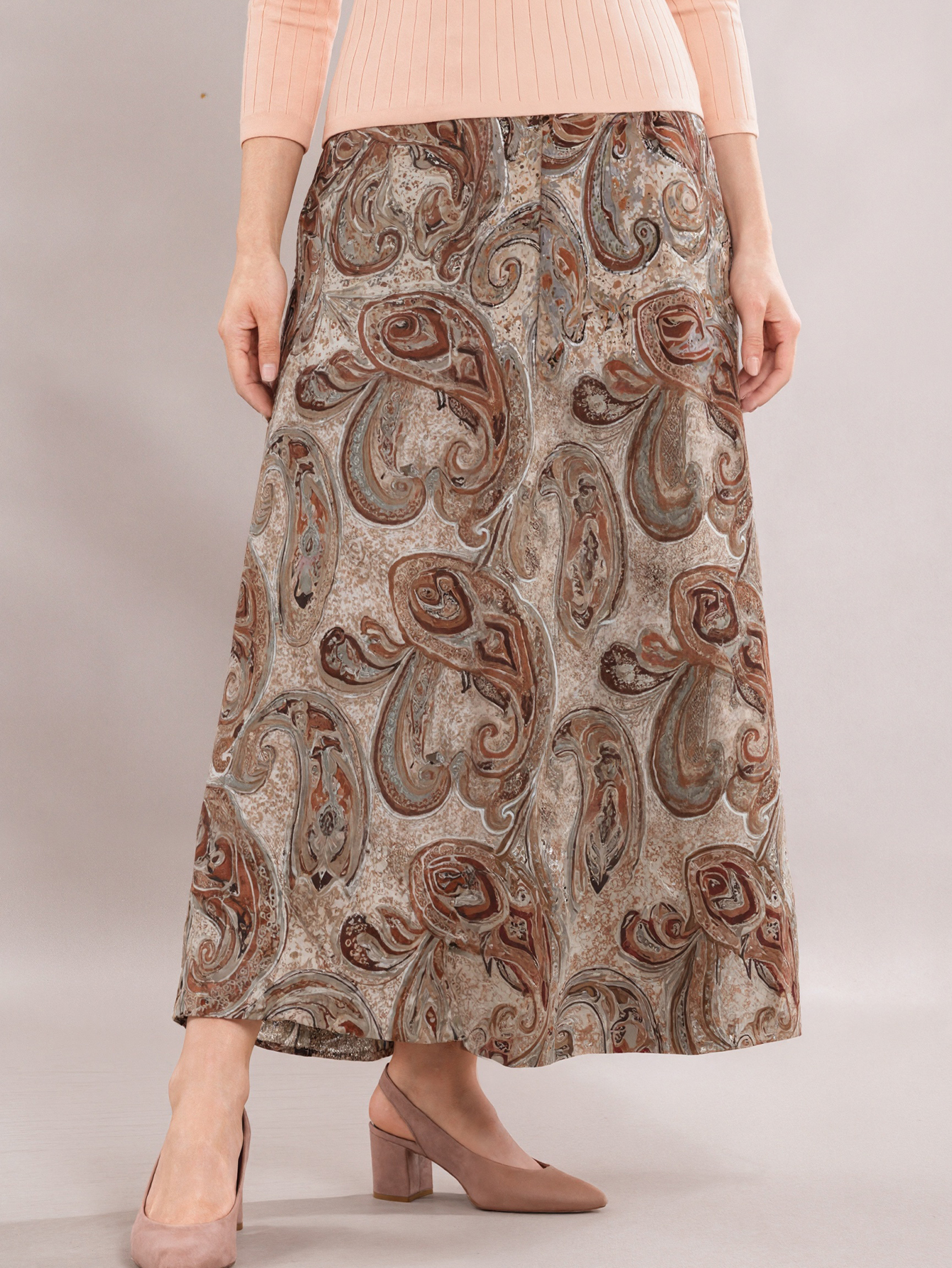 Autumn Winter Women's Fashion Commute Style Paisley Printed Versatile Vacation & Outing Midi Skirt, Milk Silk Khaki Skirt, S-XXL---CF56380