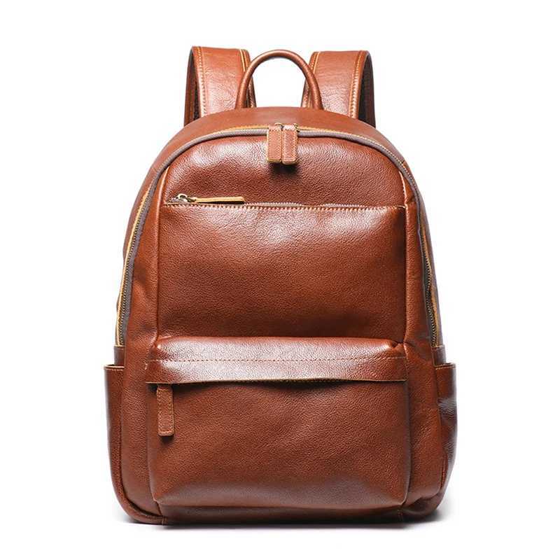 Vintage Men and Ladies Outdoor Travel Backpack School Book Cowhide Backpack Brown Zipper 14 Inch Computer Notebook Bag W251025