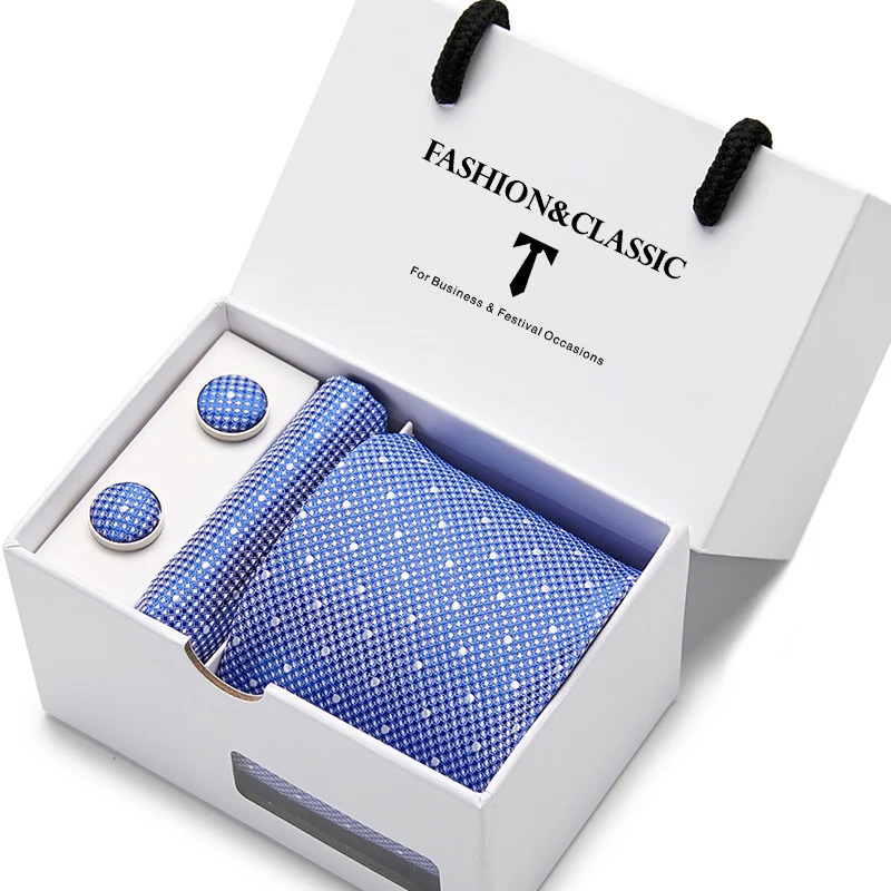 Top Grade Fashion Blue Dot Tie Pocket Square Cufflinks Set For Men Gift Box Wedding Gravatas Fit Formal Party 251023
