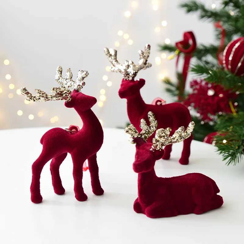 2025 New Christmas Elk Ornament Christmas Tree Ornament Flashing Powder Wine Red Flocking Deer Ornament C251024
