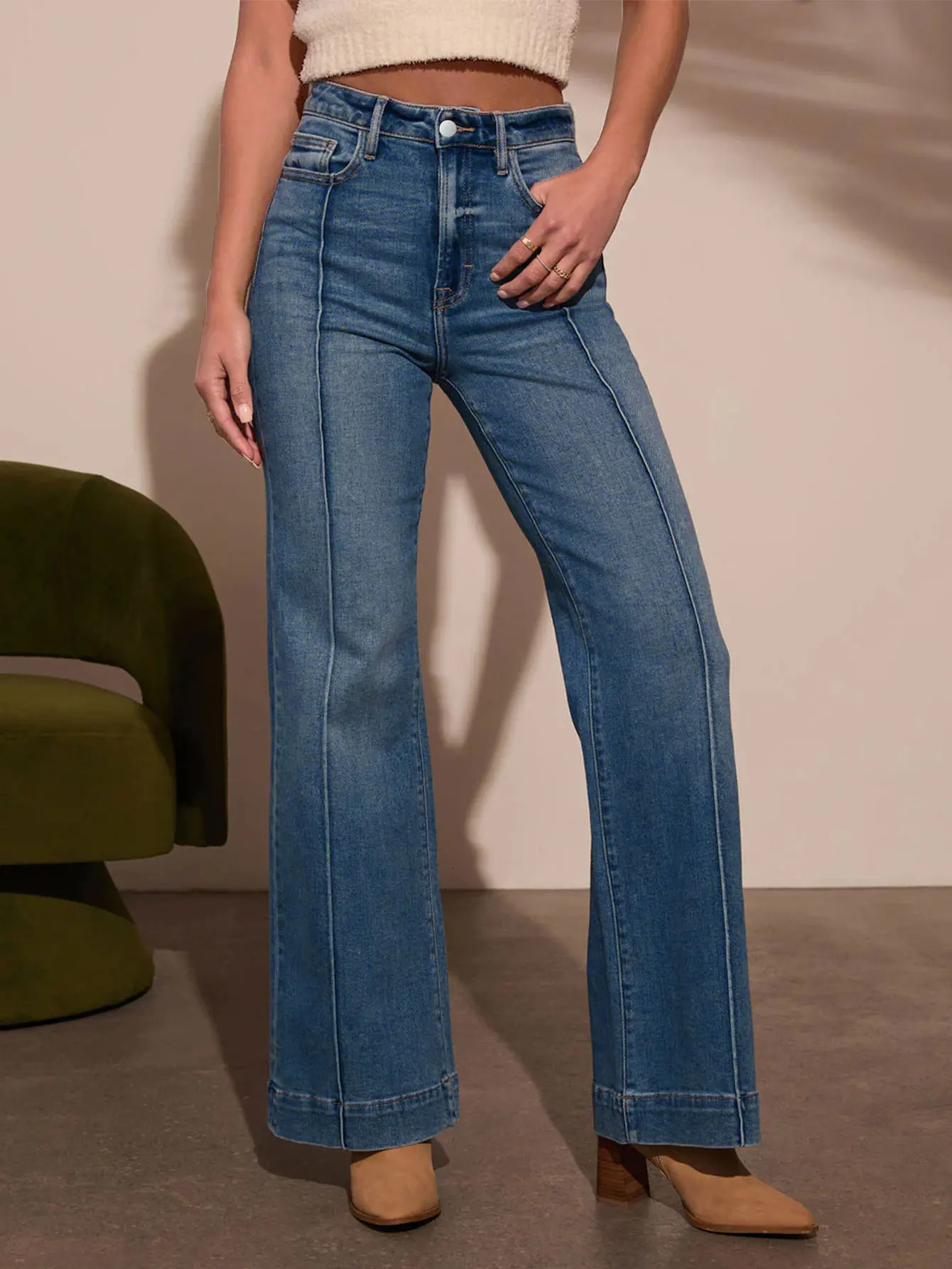 Autumn womens dark blue high waist straight jeans slim fit wide leg version stretch denim fabric elegant intellectual jeans 251023
