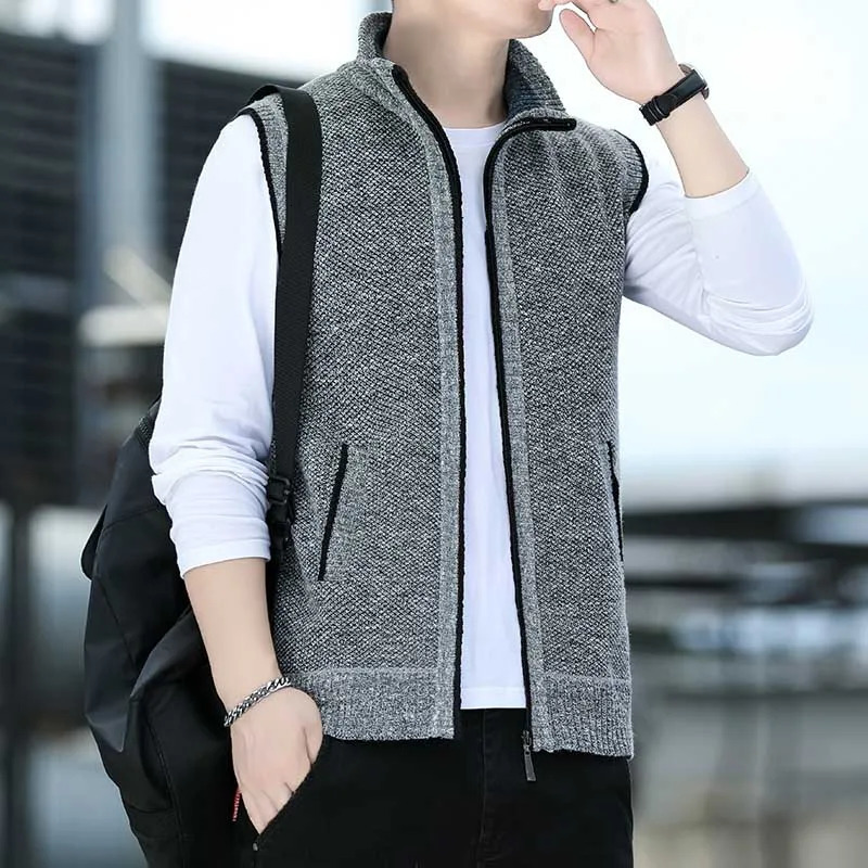 Mens Sweater Vest Solid Knit Sweaters Sleeveless Jackets Knitted Cardigan Zip Coat Turtleneck Fleece Warm Homme Clothes 251016